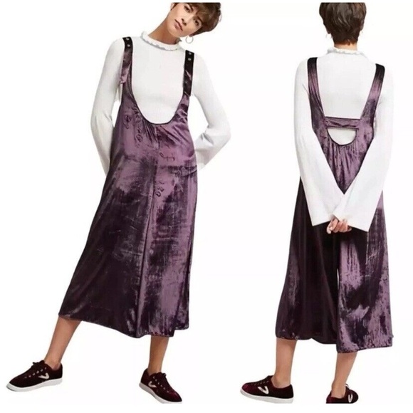 Anthropologie by MAEVE Plum Purple Velvet Overalls Jumpsuit Wide leg Boho Small - Picture 2 of 9